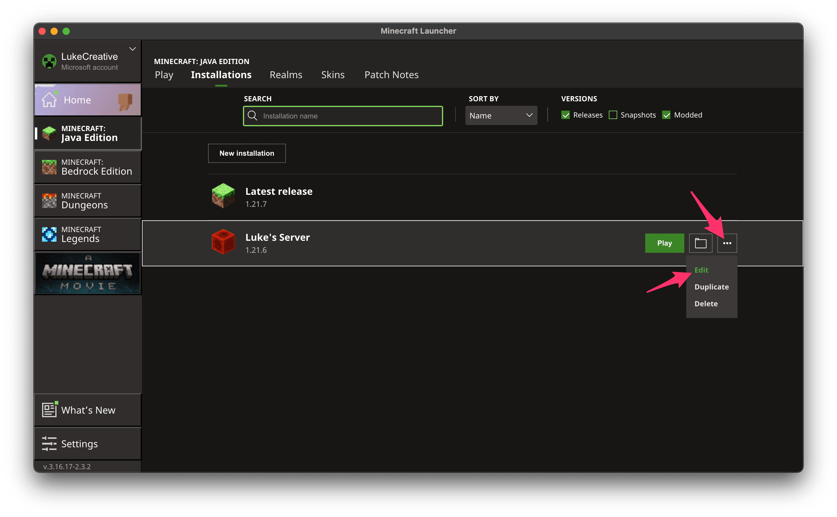 Click the Edit installation button