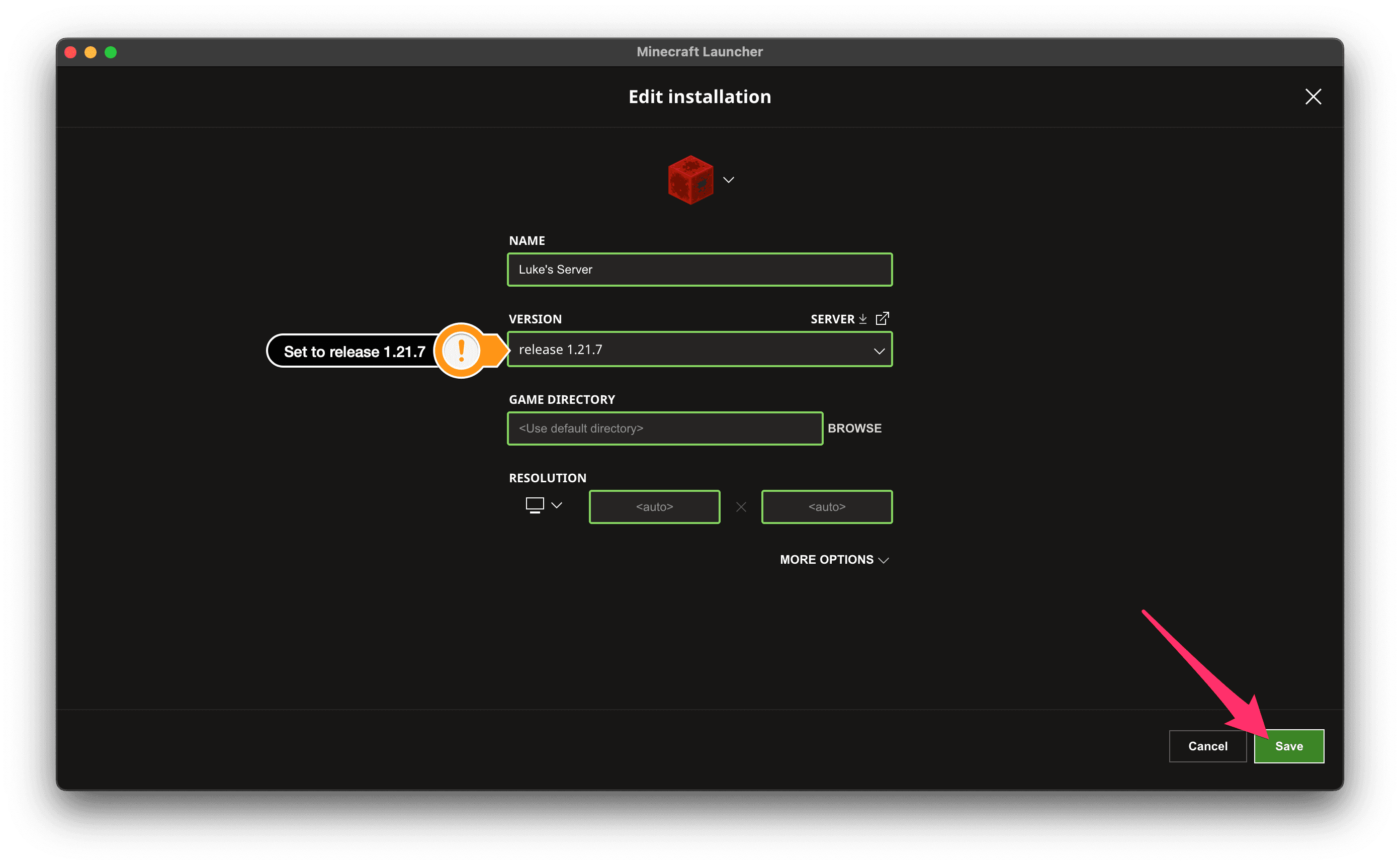 Edit installation pane