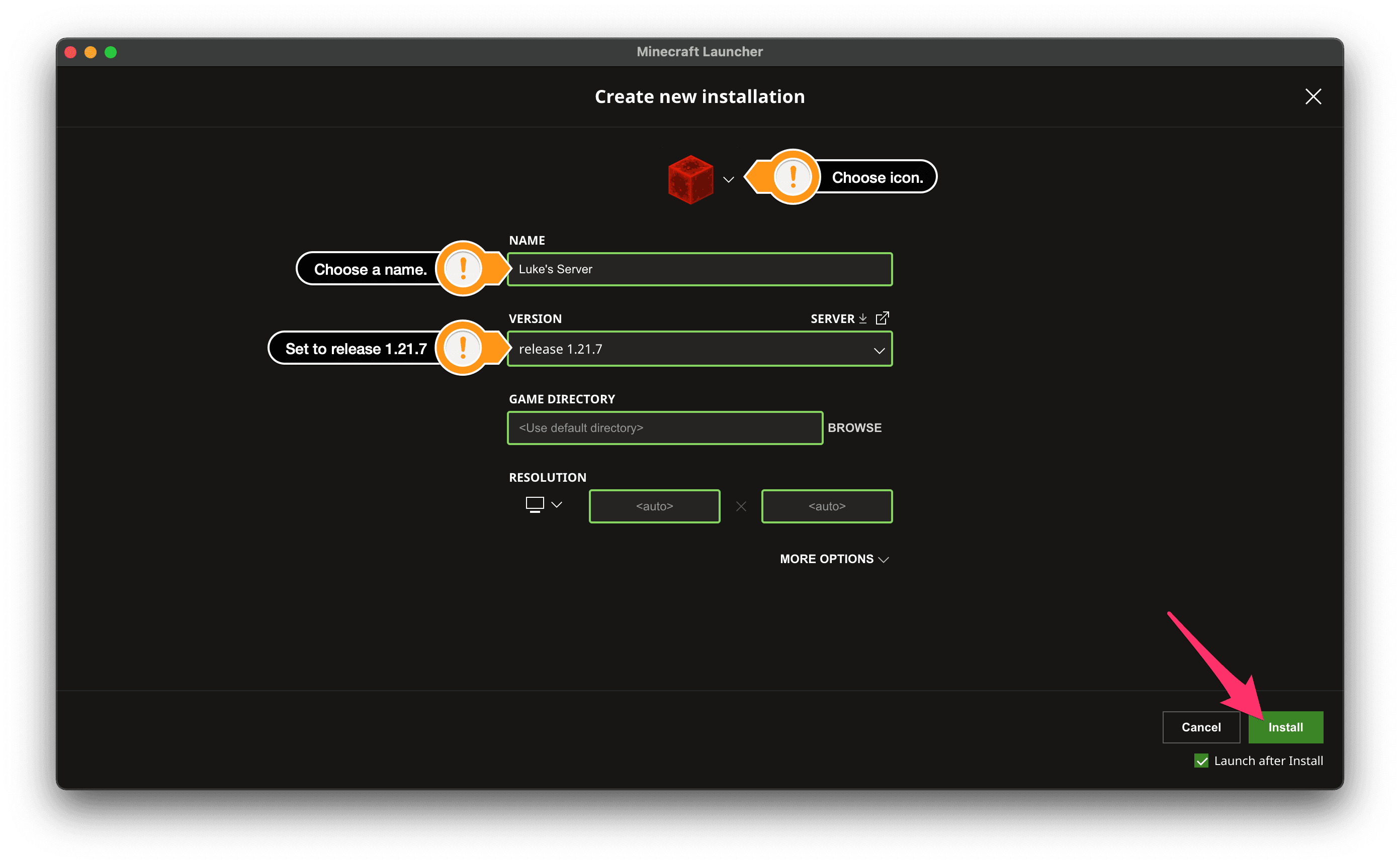Create new installation pane