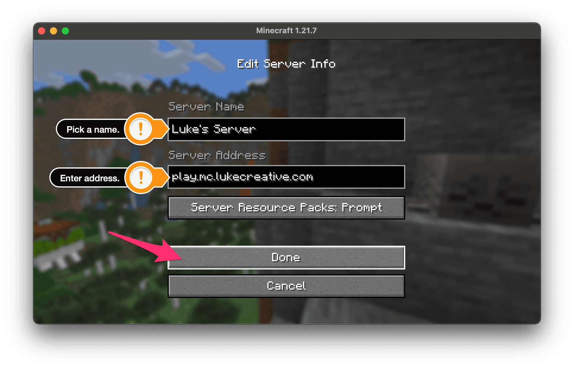 Edit server info pane